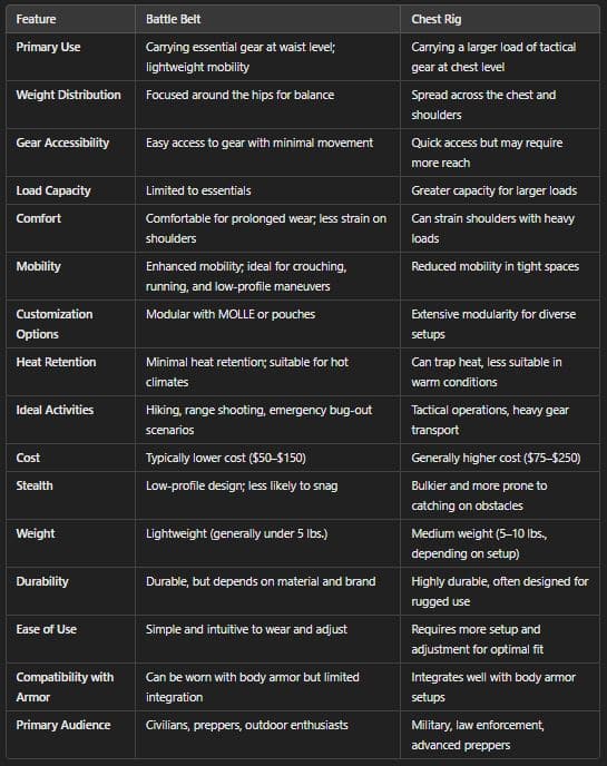 Battle Belt Vs Chest Rig Comparison Chart