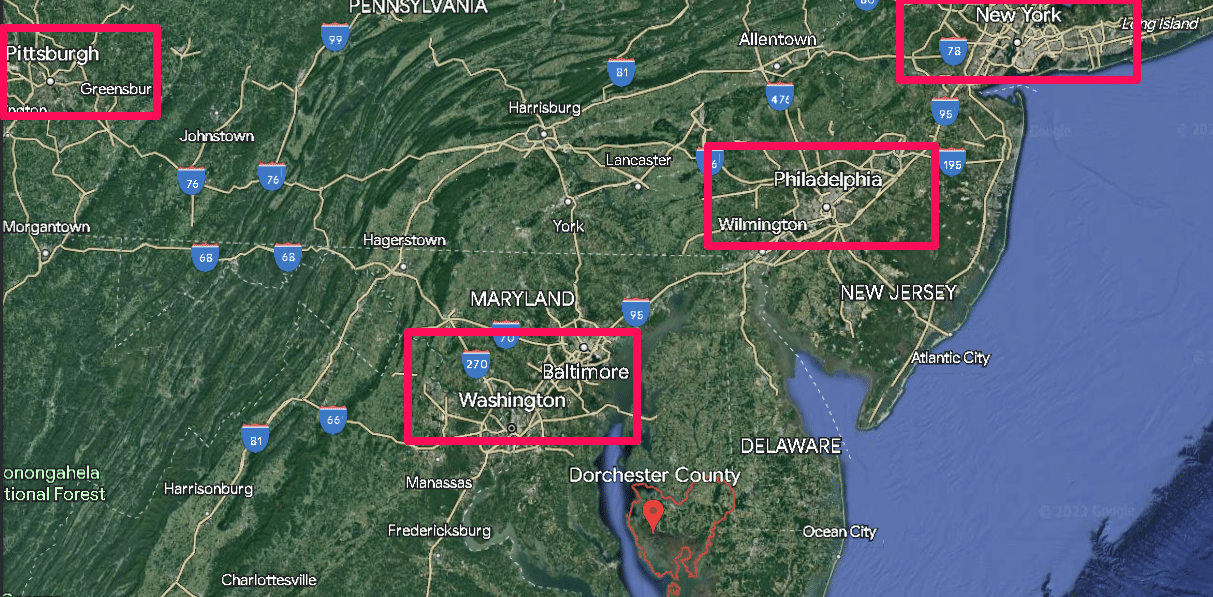 Low Pop. Density Dorchester County Near 4 Major Cities